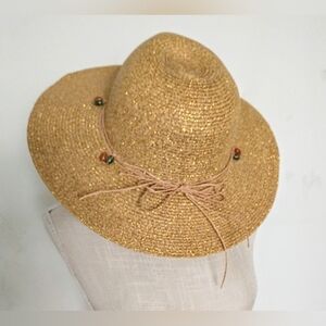 Ladies Woven Beach Sun Hat - Gold Metallic & Beads